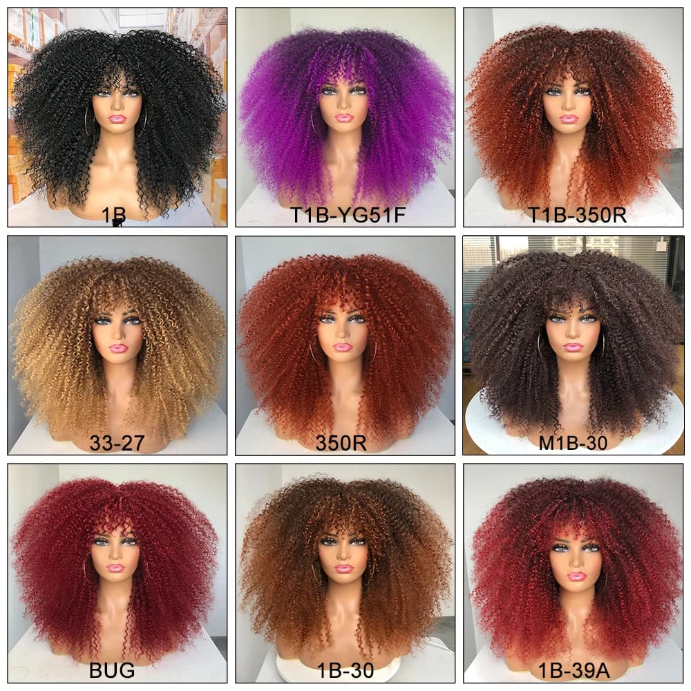Perruque bouclée avec frange, perruque Afro bouclée pour femmes noires, perruque longue et moelleuse
