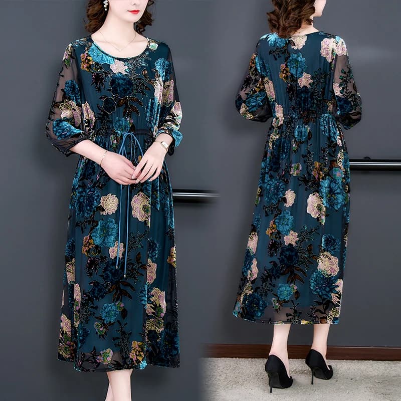 InjVelvet-Robe à manches longues à imprimé flocage, Robe bleue, Col rond, Taille adt, Mince, Longueu