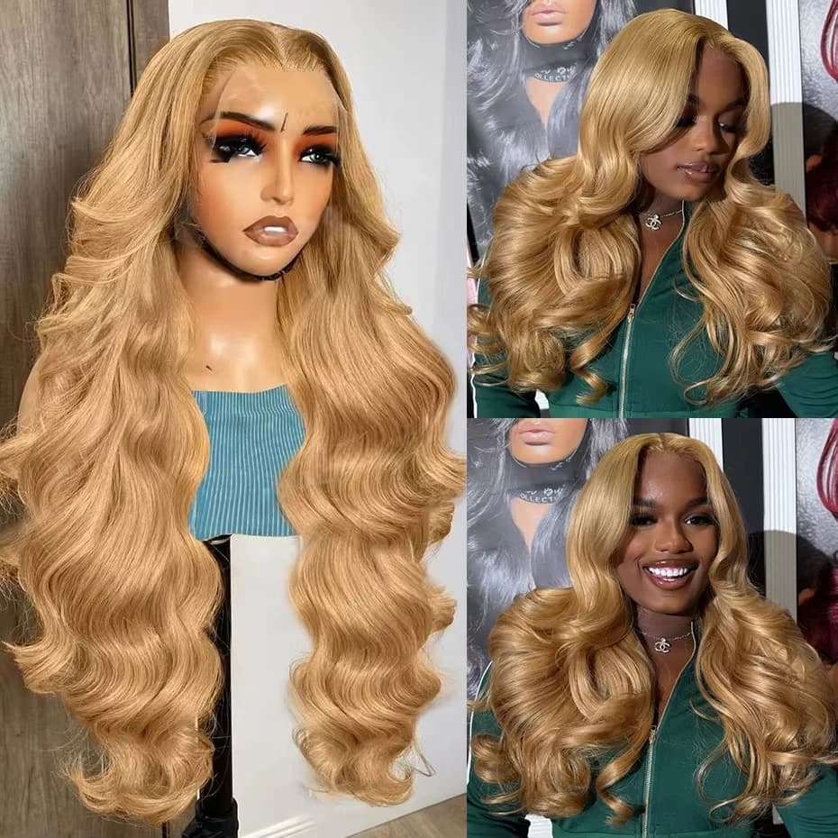 Perruque de cheveux humains avant de dentelle blond miel 13x6 HD 210% densité vague de corps perruqu