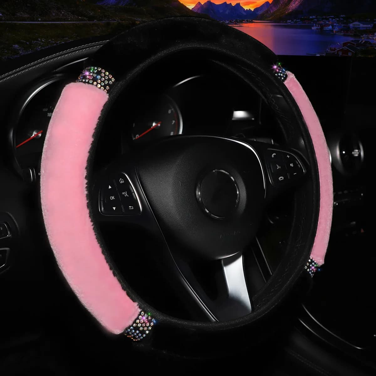 Housse de volant de voiture universelle en peluche douce avec strass de 37 à 38cm de diamètre, acces