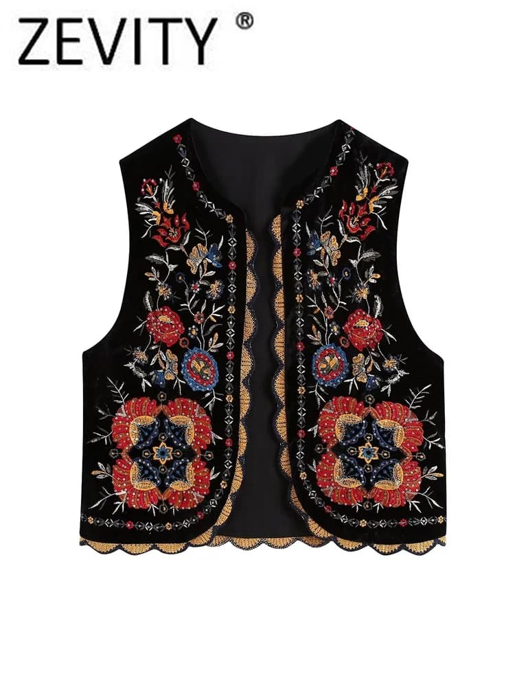 Zevity femmes Vintage paillettes fleur broderie gilet veste dames rétro style national patchwork déc