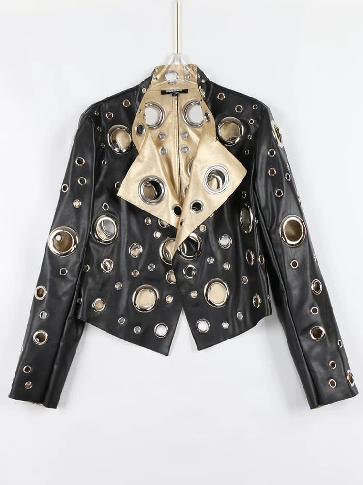 Nerazzurri-Veste courte en cuir PU évidée pour femme, Rivet, Cool mn fraîchement Designer Clothes, R
