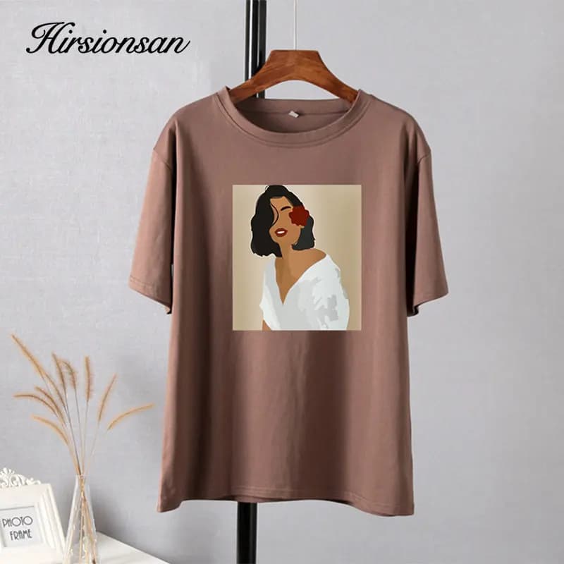 Hirsionsan – t-shirt à manches courtes pour femmes, Simple, en coton doux, avec figurines esthétique