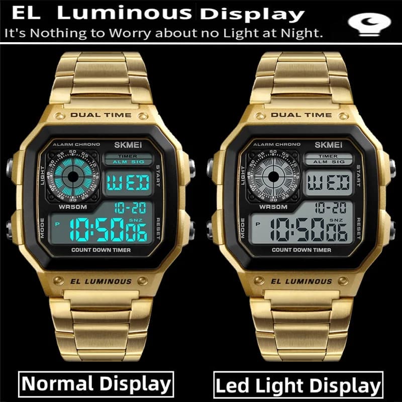 Skmei-Montre-bracelet de sport numérique pour homme, bracelet en acier inoxydable, chronographe LED,