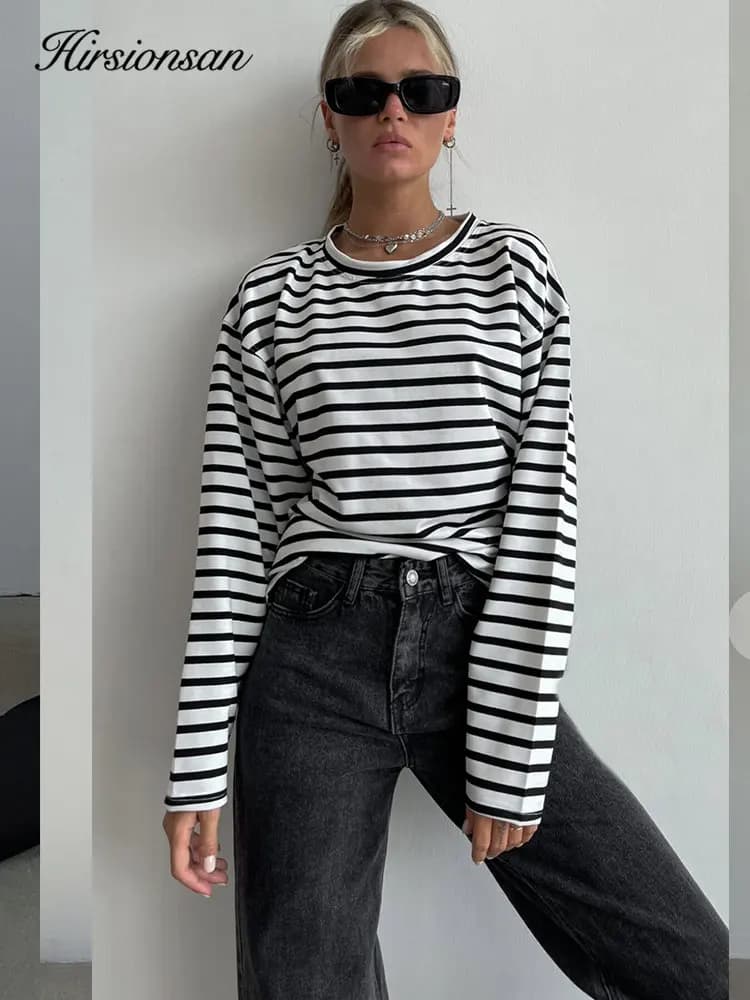 Hirsionsan – t-shirt rayé à manches longues pour femmes, 2023 coton, surdimensionné, décontracté, Ch