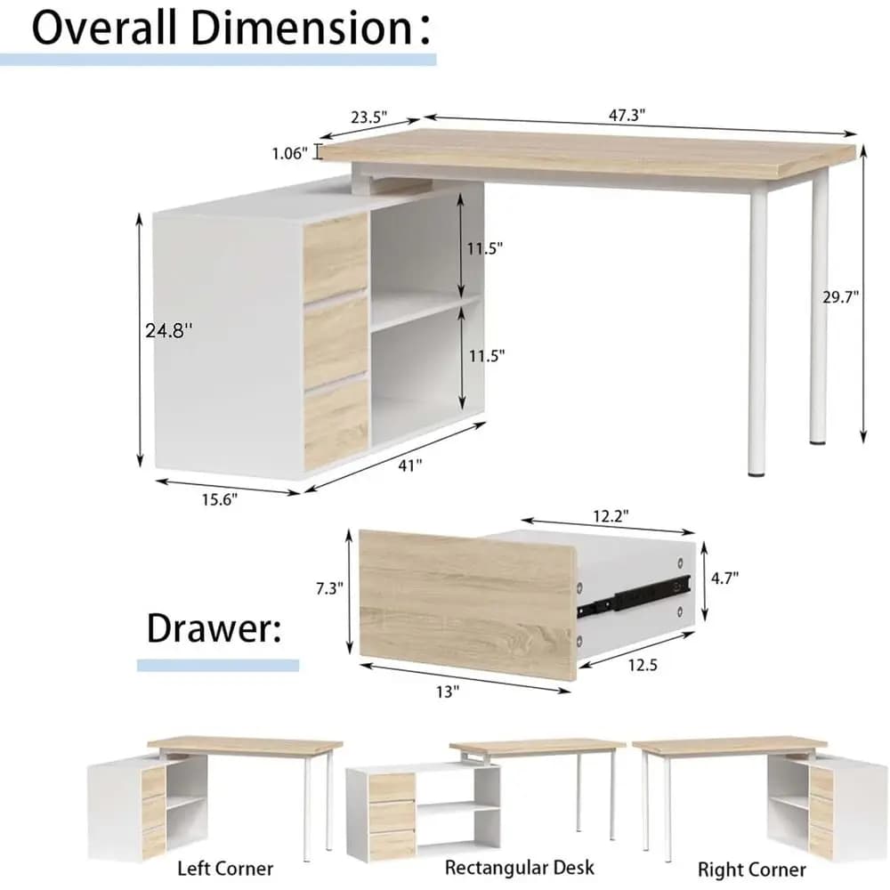 Bureau d'ordinateur en forme de L, bureau à domicile de 47 pouces avec tiroirs et étagères de rangem