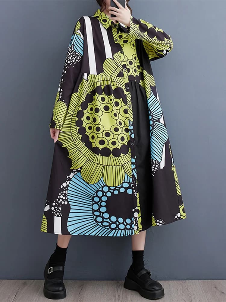 Robes chemises à manches longues à imprimé vintage pour femmes, nouvelle robe midi décontractée ampl