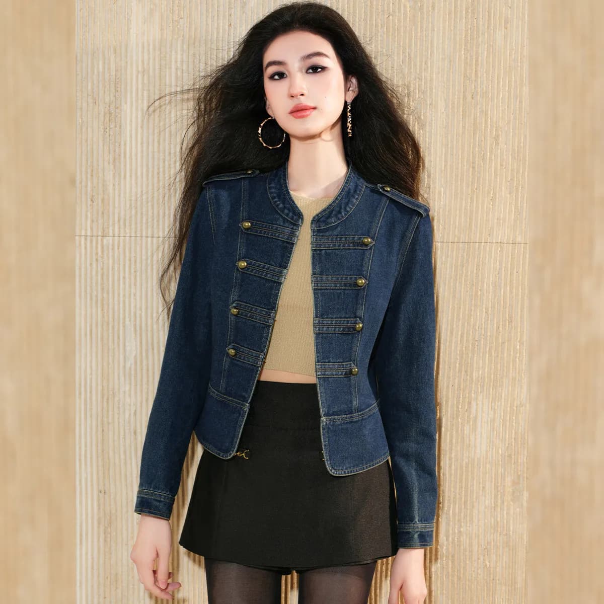 LOUIS YAO femmes vestes col montant coupe ajustée veste en jean 2025 automne Design à la mode bouton