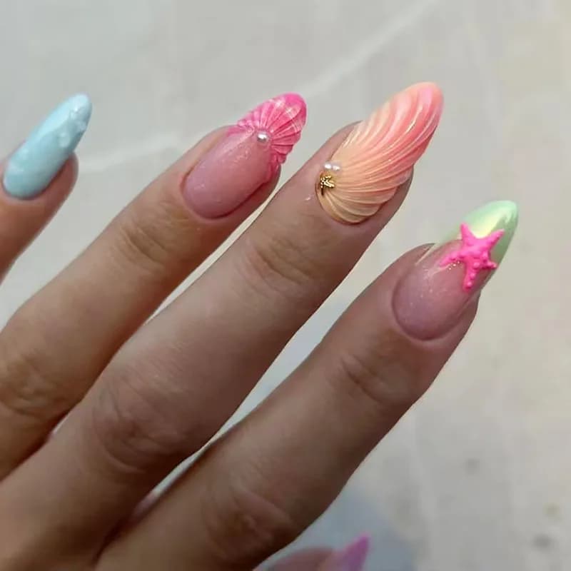 24 pièces amande faux ongles conseils été plage ongles colorés ensembles avec perle fleur conception