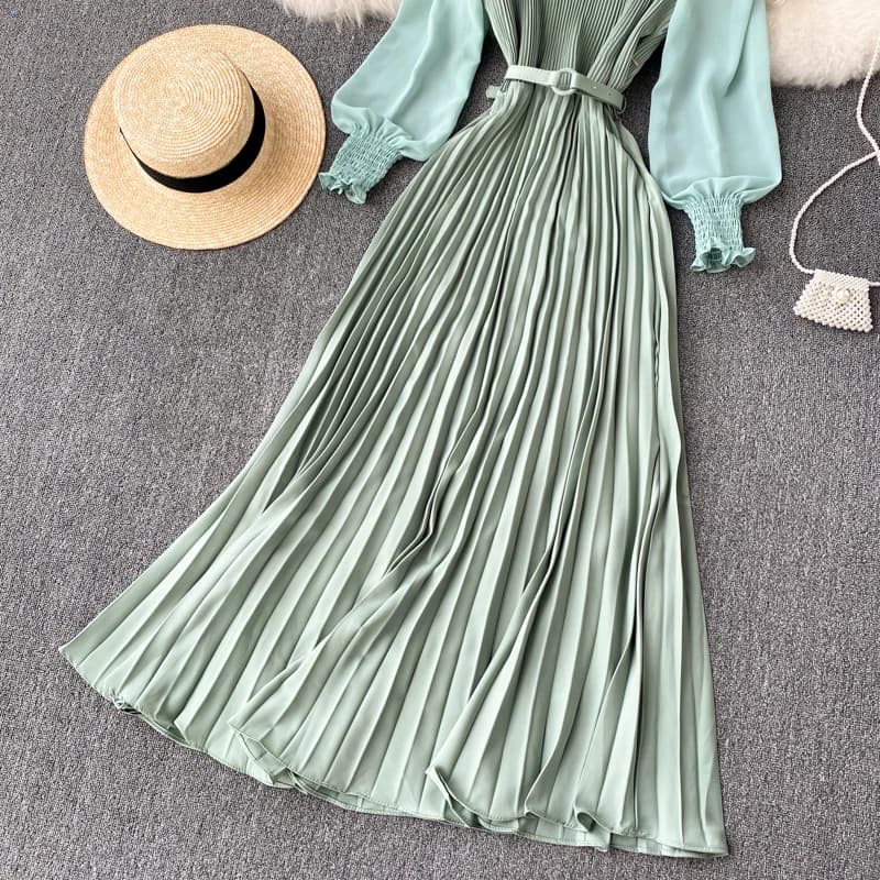 Robe longue élégante pour femmes, printemps et été, manches longues, ceinture plissée, jupe longue p