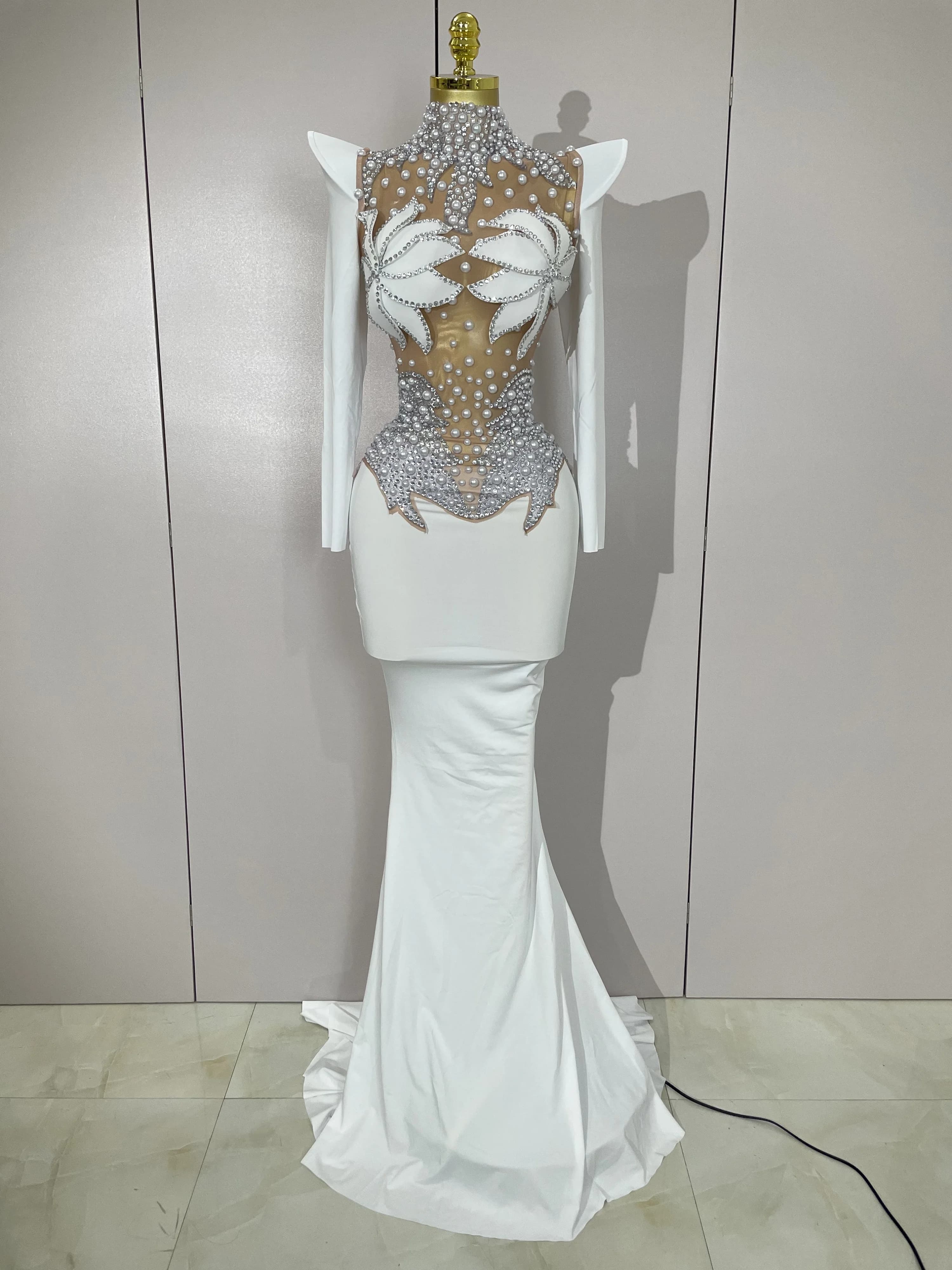 Robe longue de luxe en maille transparente pour femmes, diamants scintillants, blanc perle, robe de 