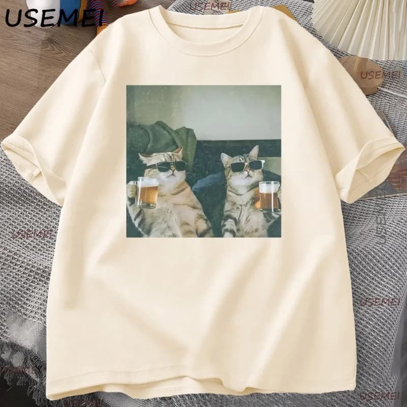Drôle Cool chat boire de la bière T-shirt décontracté coton à manches courtes T-shirt homme vêtement