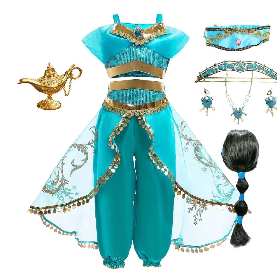 Robe lampe Aladdin pour enfants, Costume de Jasmine pour filles, princesse d'anniversaire, Cosplay, 