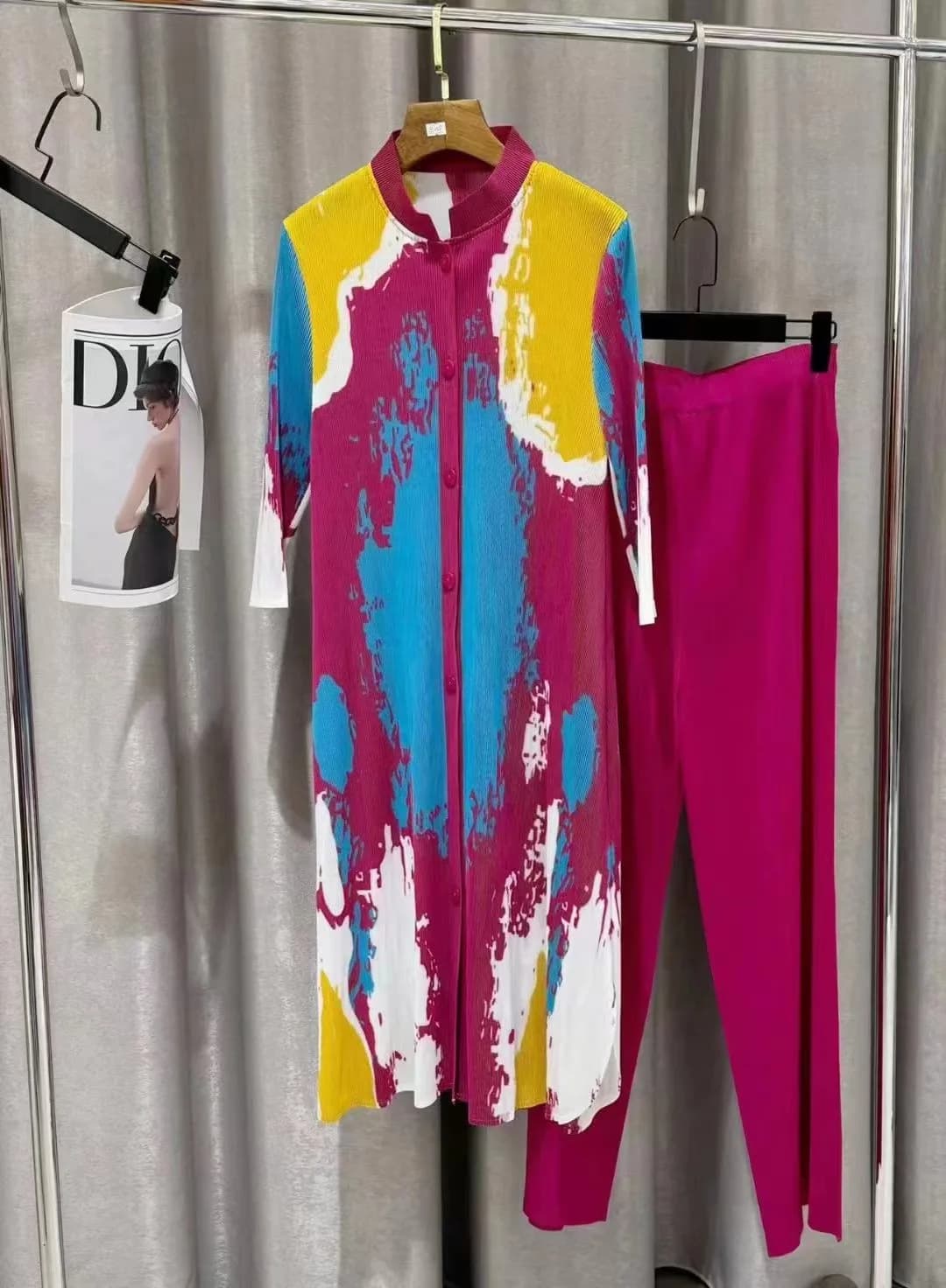 Ata Yaki-Robe Plissée à la Mode, Coupe Slim, Col Rond, Manches Trois Quarts, Jambes Larges, Pantalon