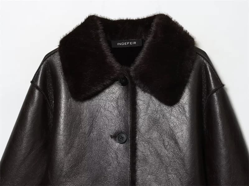 Veste femme 2025 automne/hiver nouveautés marron foncé à manches longues en simili cuir veste révers