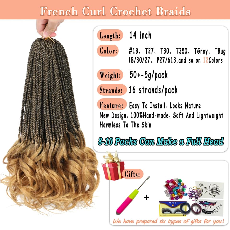 Tresses synthétiques au crochet de 14 pouces pour cheveux bouclés français, tresses en boîte de bouc