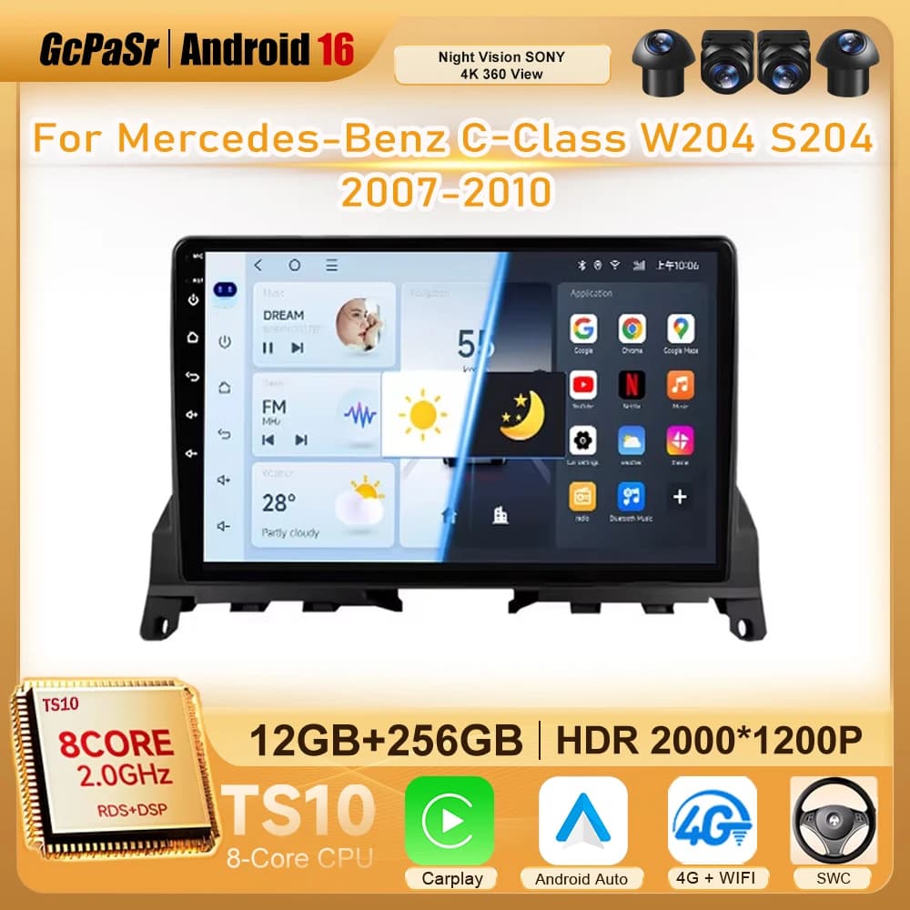 Autoradio pour mercedes-benz classe C W204 S204 2007-2010 Android Auto Player sans fil Carplay 8 cœu