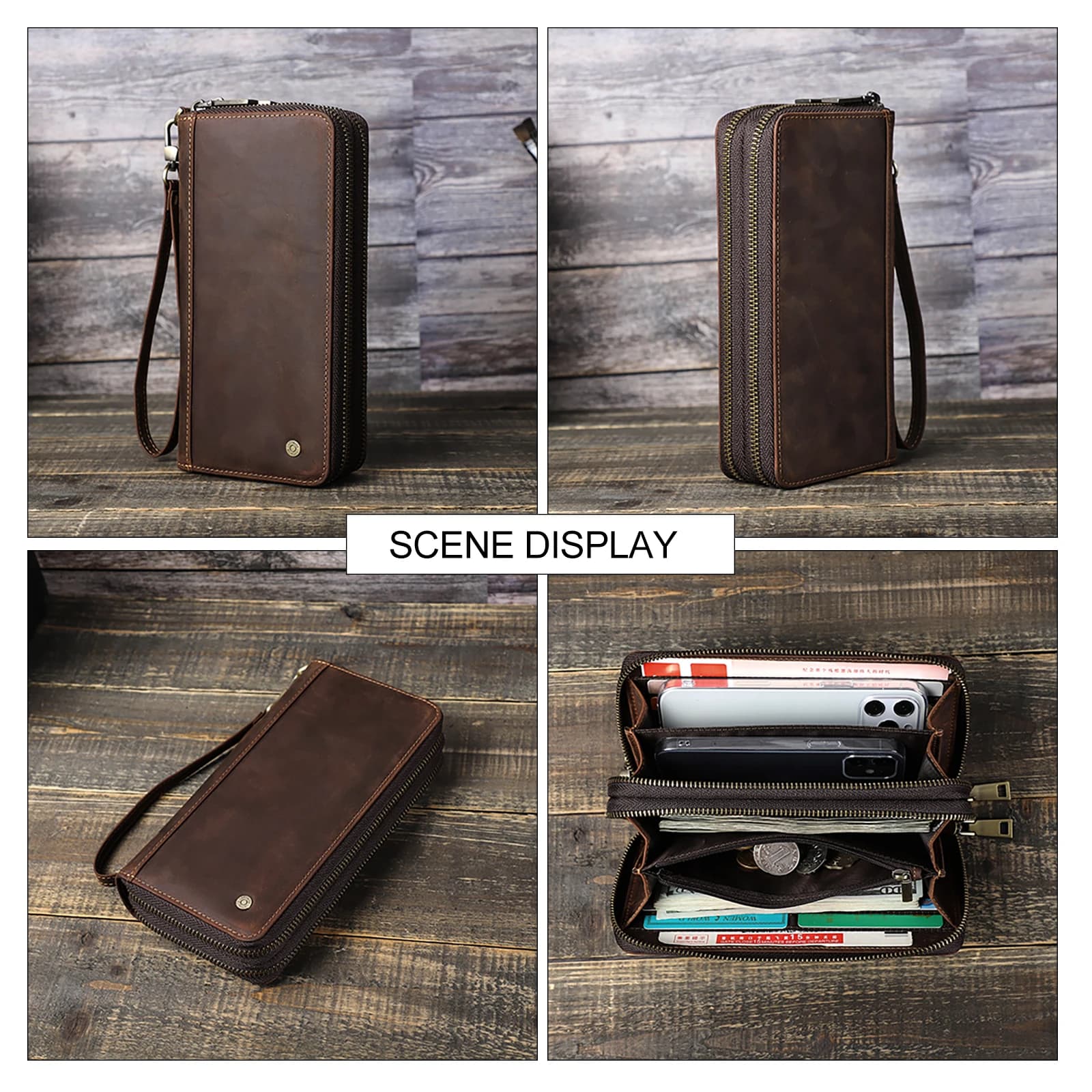 Portefeuille en cuir véritable pour hommes, pochette porte-cartes, portefeuilles longs, double ferme