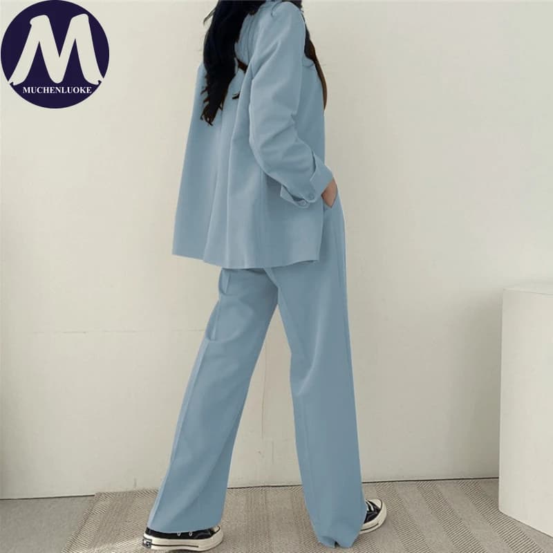 Ensemble deux pièces pour femmes, mode coréenne, blazer à manches longues et pantalon large, décontr