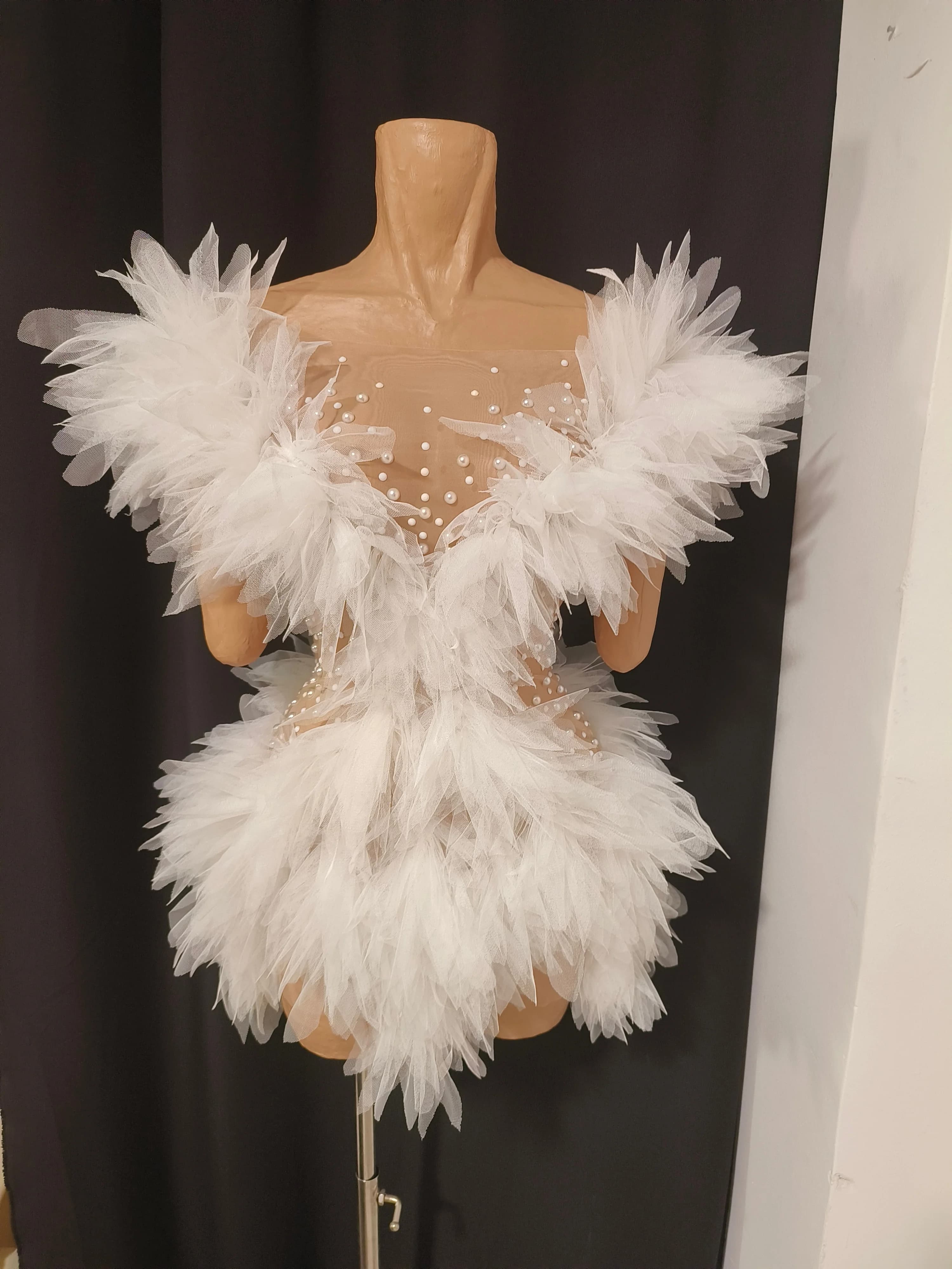 Robe mini en tulle blanc luxueuse pour femme, sexy, transparente, ornée de perles et de cristaux, mo