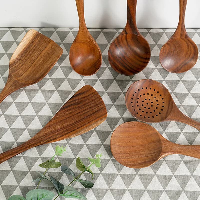 Cuillères de cuisine en bois de teck lisse, ustensiles de cuisine en bois antiadhésifs, ensemble de 