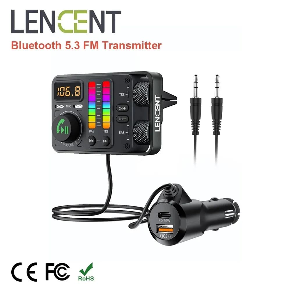 LENCENT Bluetooth 5.3 transmetteur FM de voiture, lecteur de musique haut-fi aigus et basses, charge