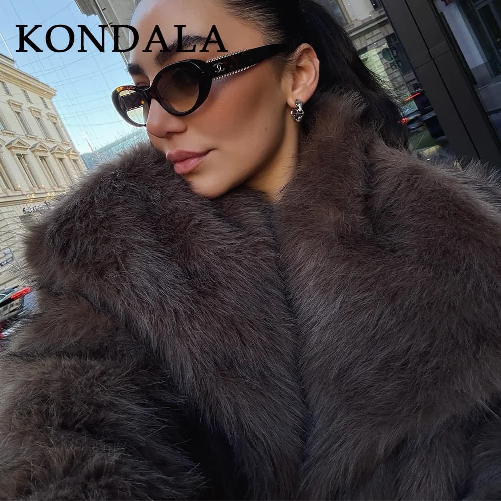 KONDALA 2026 Printemps-Été – Manteaux Chauds Décontractés Marron en Fausse Fourrure pour Femme, Col 