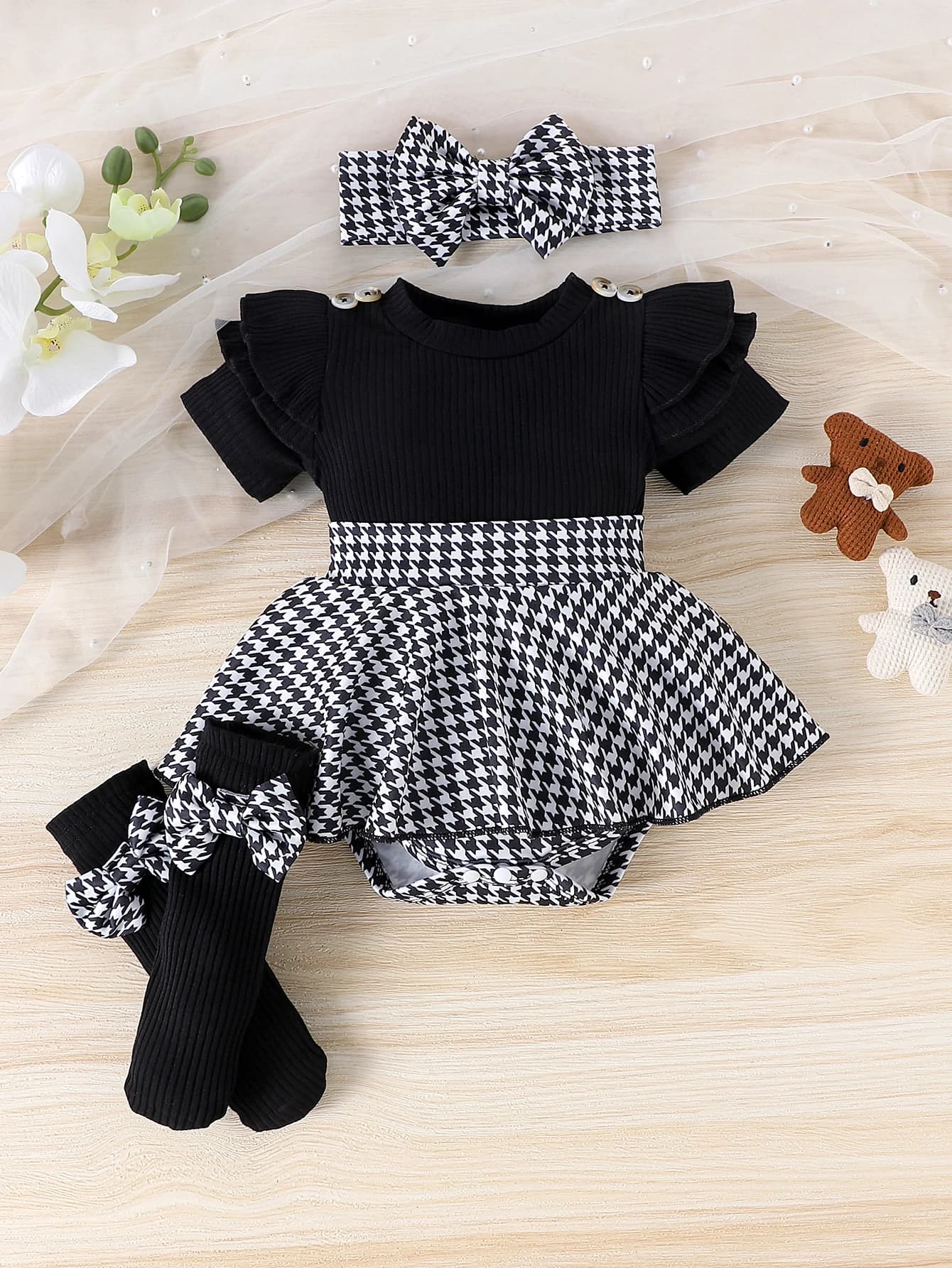 Robe pied-de-poule à manches courtes pour filles de 0 à 1 ans, 3 pièces, nouveau style, douce et rav