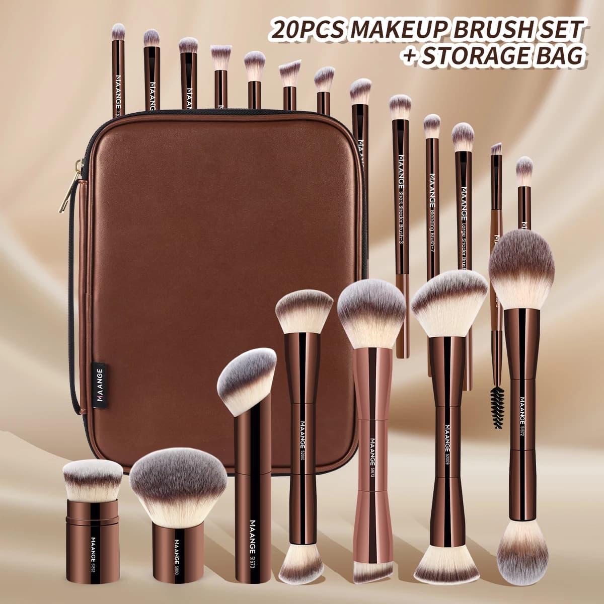 MAANGE 20 pièces pinceaux de maquillage professionnels + sac de rangement double extrémité fond de t