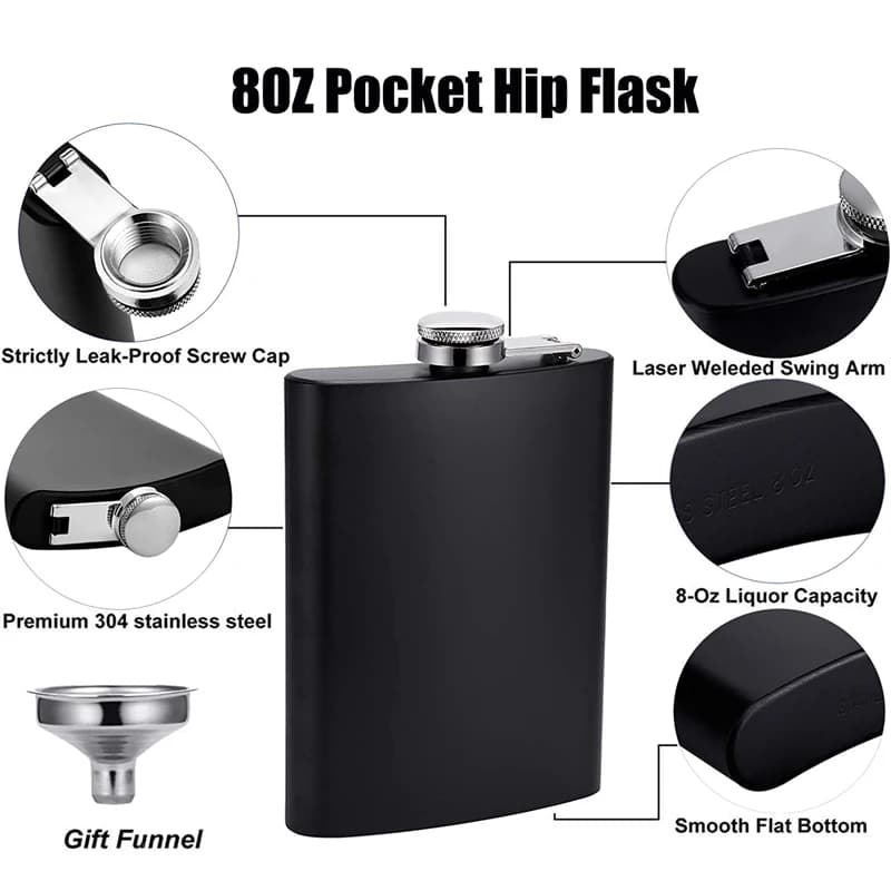 LMETJMA flacon de hanche noir mat pour liqueur en acier inoxydable anti-fuite avec ensemble de flaco