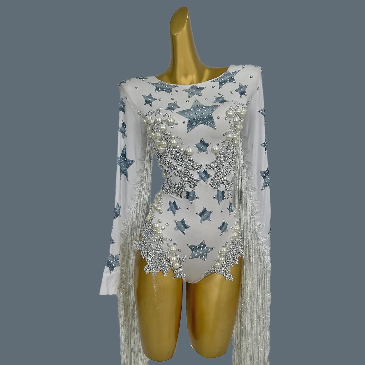 Justaucorps à Franges avec Strass et Grosses Perles pour Femme, Combinaison de Soirée à Long Pompon,