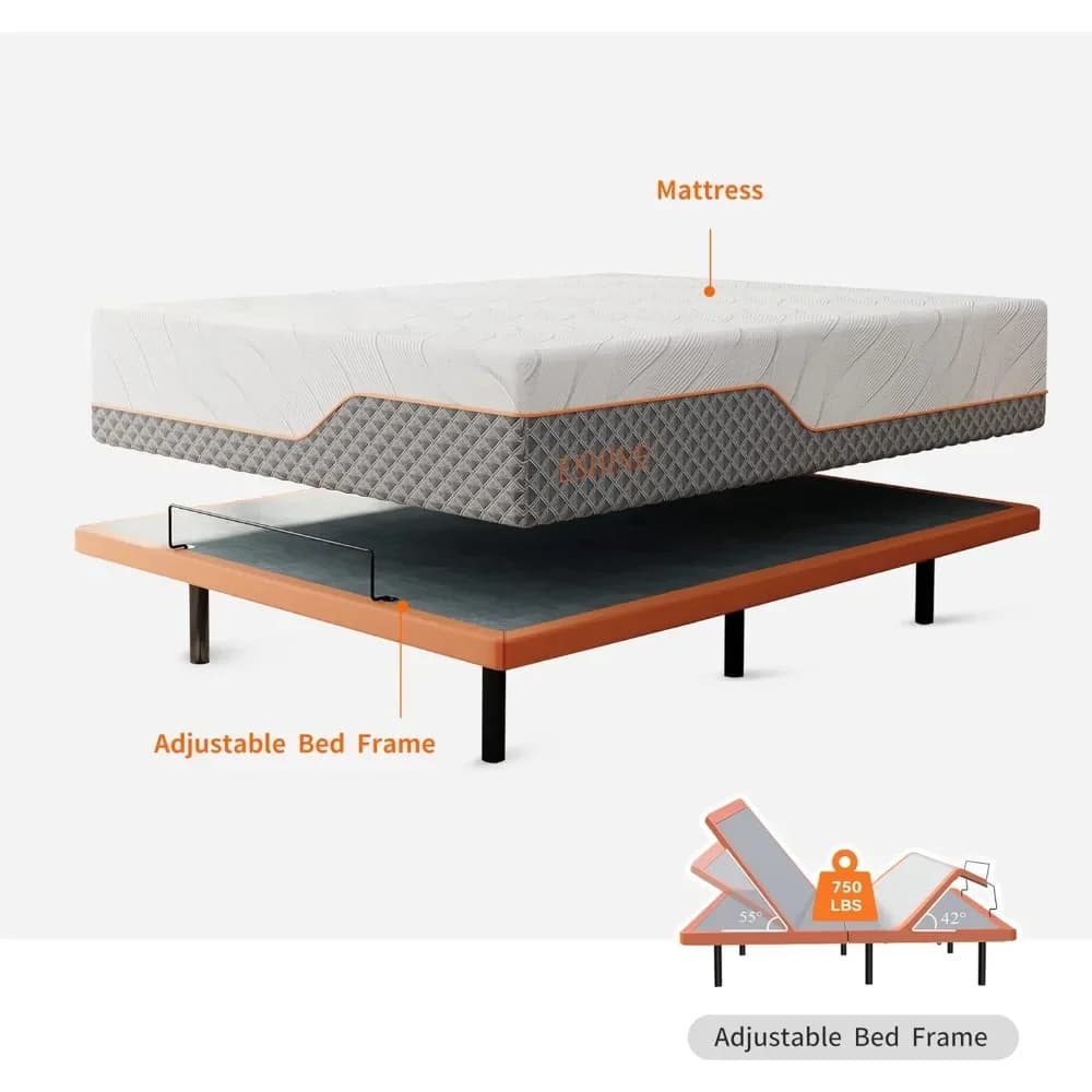 Cadre de lit réglable Queen - Matelas hybride en mousse à mémoire de forme de gel frais de luxe de 1