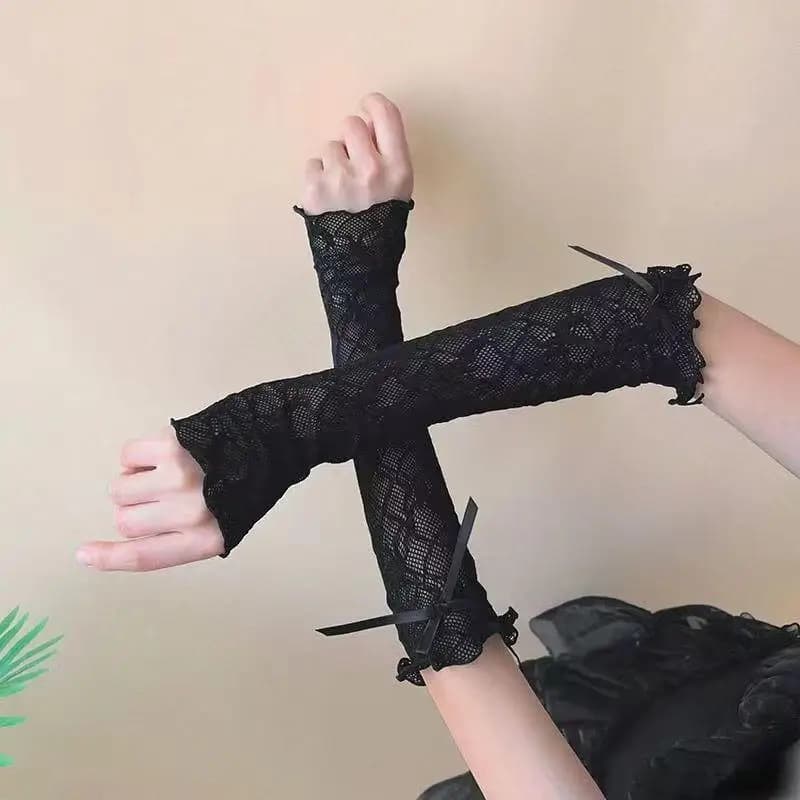 Gants sans doigts en dentelle à volants Y2k, mitaines JK Lolita Kawaii pour femmes, maille résille a