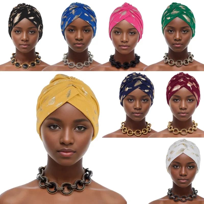 Turban Africain à Plumes Dorées pour Femme, Bonnet à Tête Ronde à Volants, Écharpe de Sauna Musulman