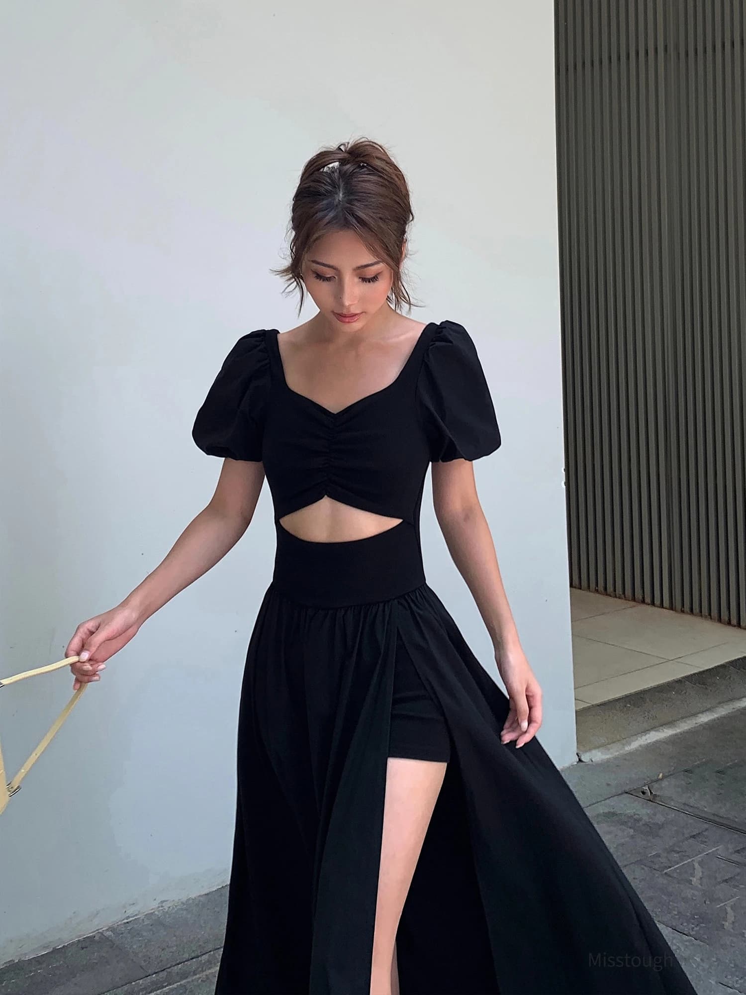 Robe noire vintage Y2k pour femme, robe mi-longue fendue, robe de soirée sexy, mode coréenne décontr