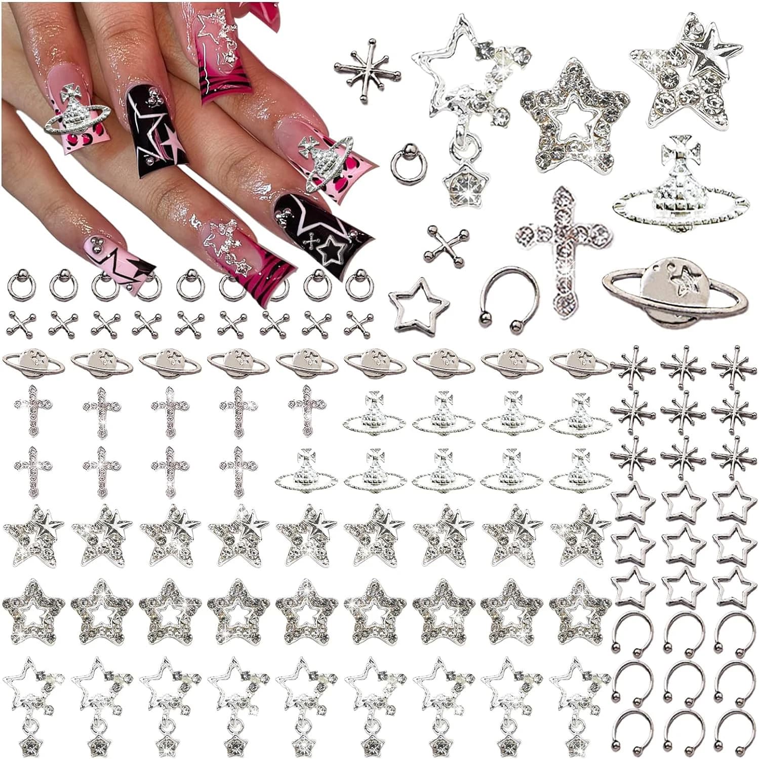 Breloques pour ongles en forme d'étoile, 110 pièces, décoration pour Nail Art en alliage, étoile arg