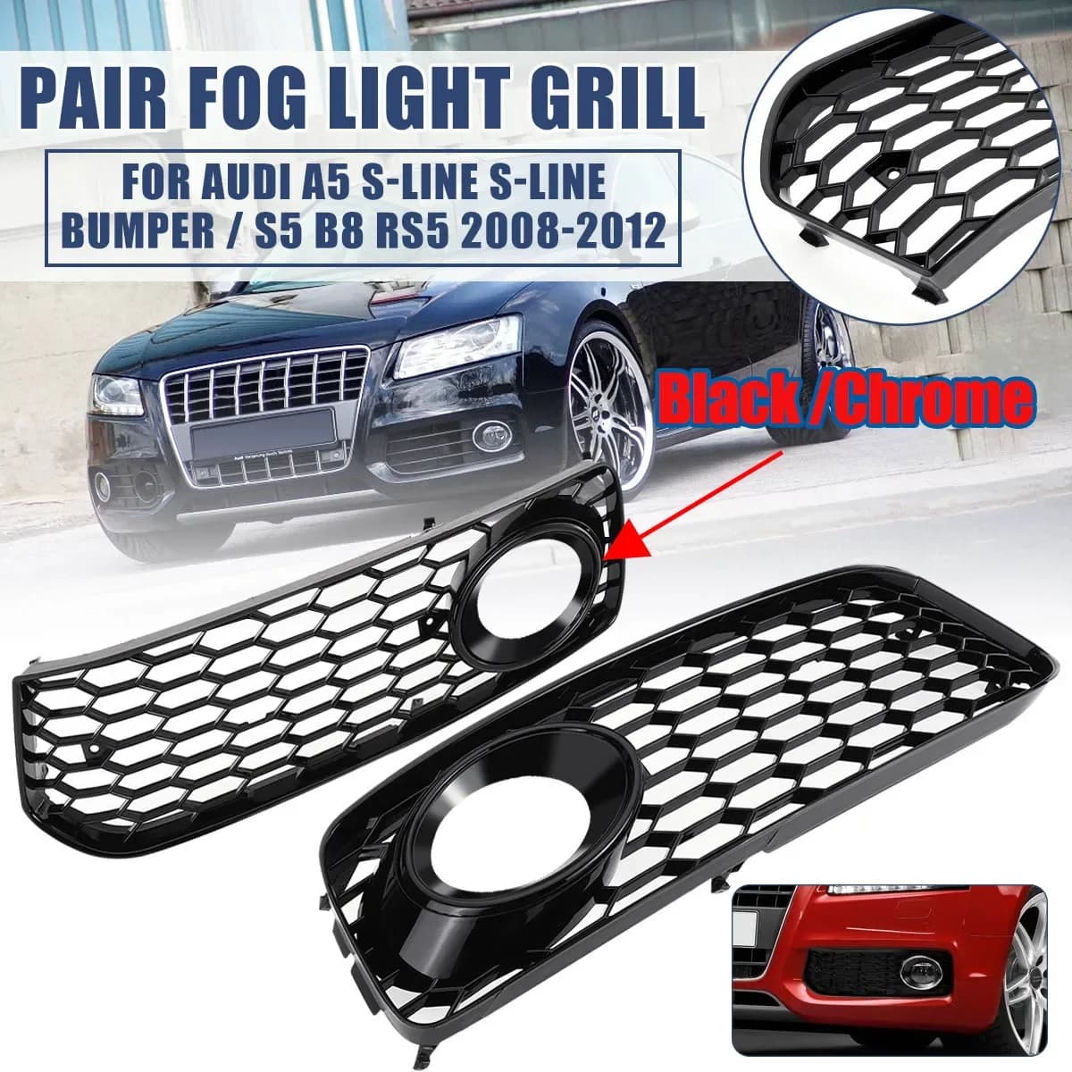 Noir/Chrome s-line antibrouillard lampe gril couverture nid d'abeille hexagonale calandre pour Audi 