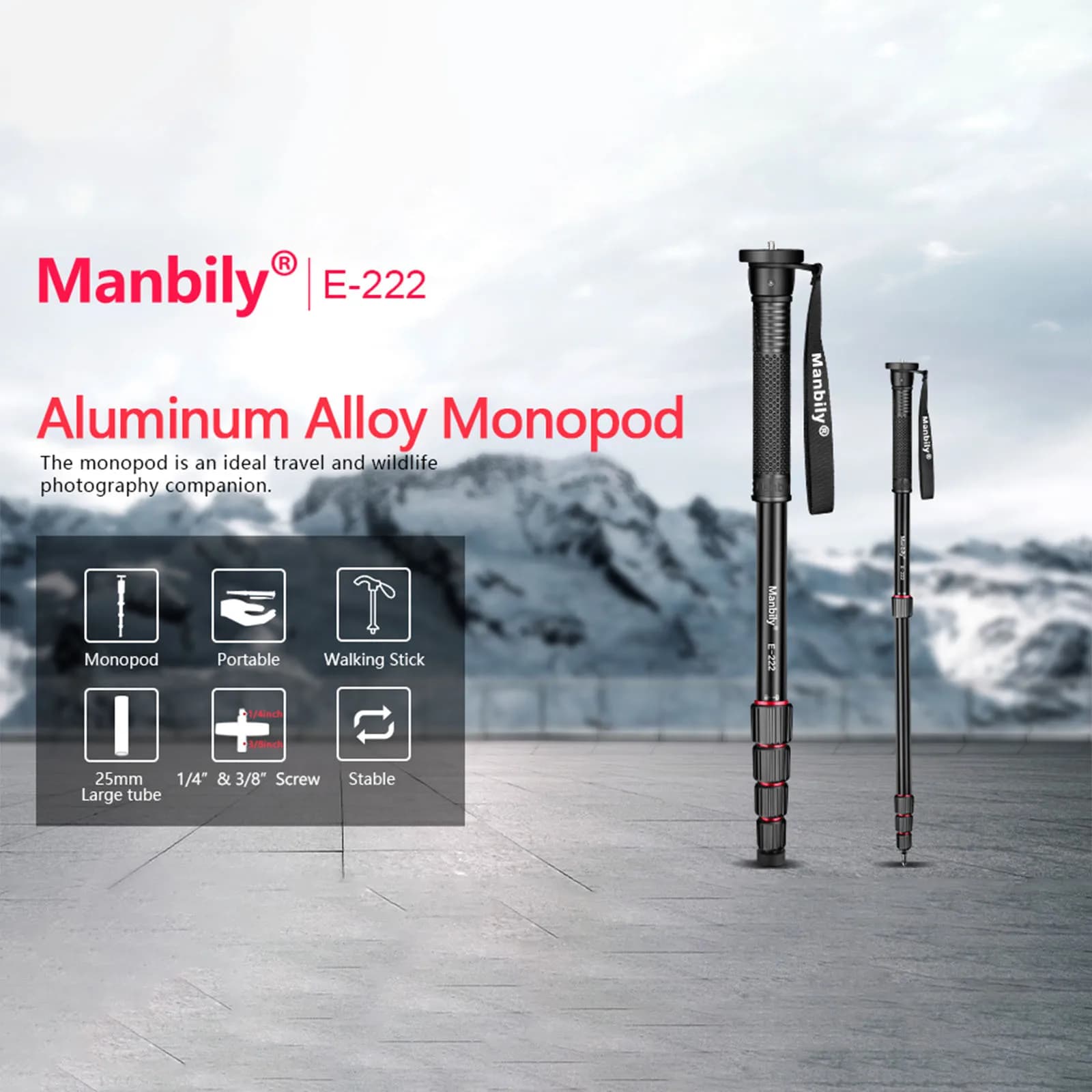 Manbily E-222 65 "monopode de voyage pour appareil photo 5 sections monopode en aluminium pour appar