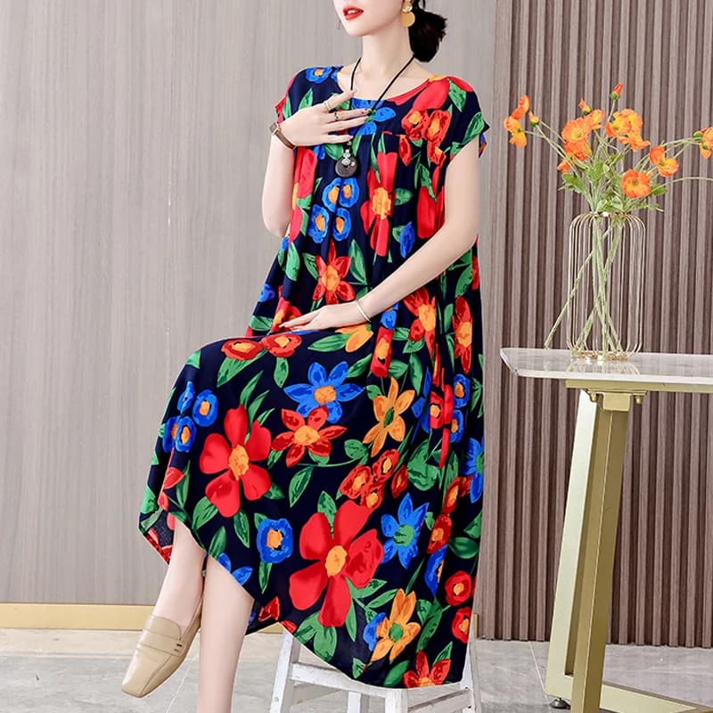 Nouvelle Collection Tendance : Robe Décontractée Été 2026 Imprimée Ample Col Rond en Coton pour Femm