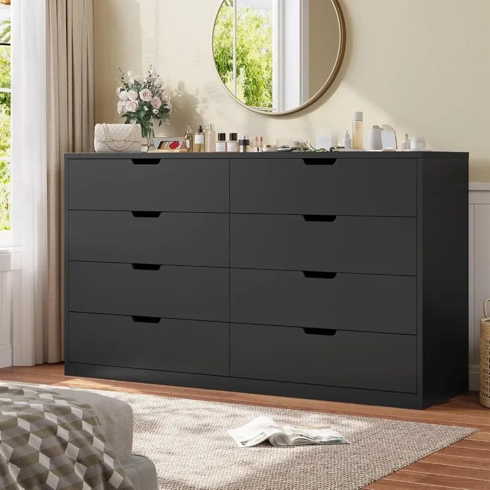 Commode moderne noire à 8 tiroirs pour chambre, salon, couloir - Meuble de rangement robuste avec ti