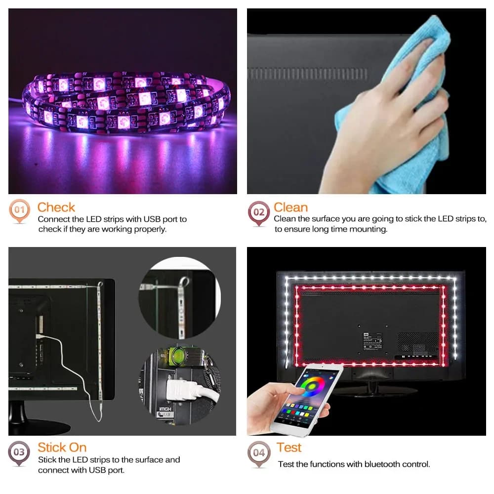 Rétro-éclairage TV Bluetooth USB RGB LED ruban lumineux 1m 2M 3M 4M 5m SMD 5050 Flexible USB DC 5V r
