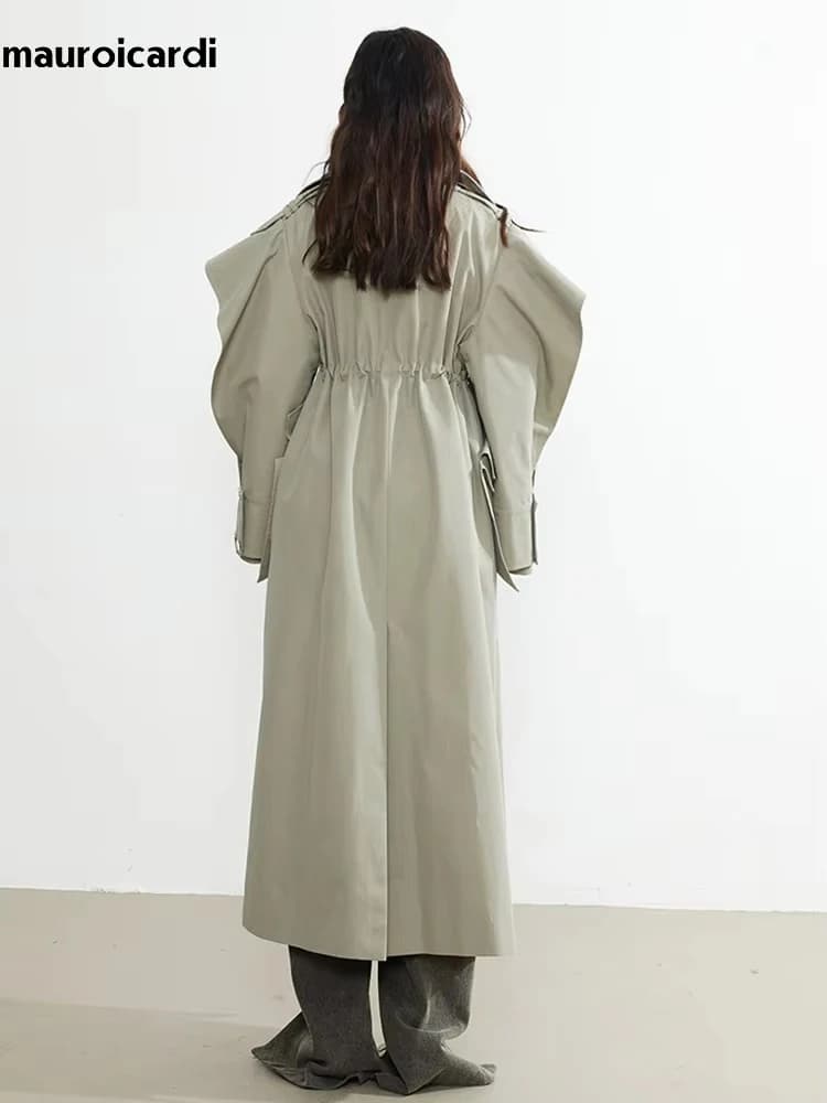 Mauroicardi-Manteau long à double boutonnage pour femme, pardessus élégant à volants, mode de piste,
