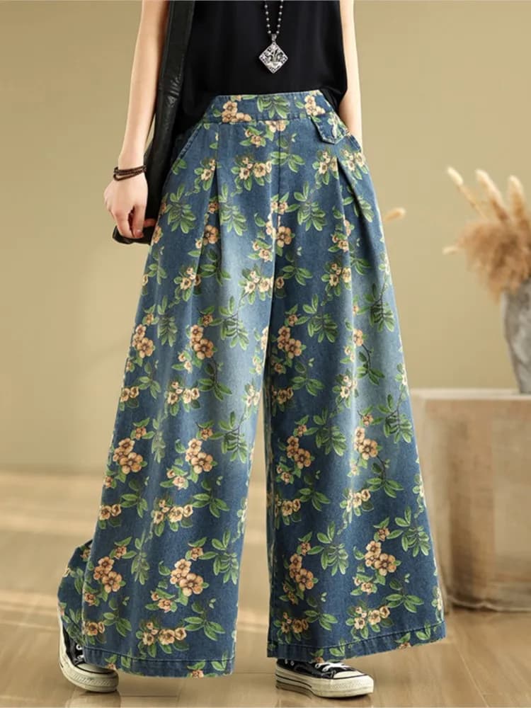 Jean surdimensionné printemps été fleur imprimé fleuri pantalon femmes jambe large Denim ample mode 