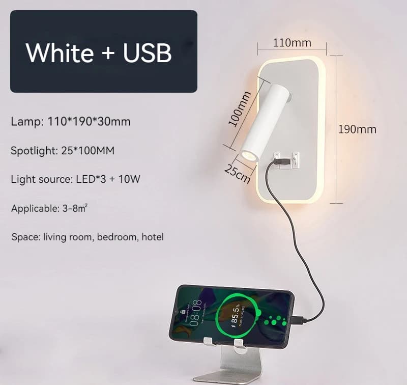 Applique murale LED rotative avec interrupteur et port USB, lampe de lecture murale, applique murale