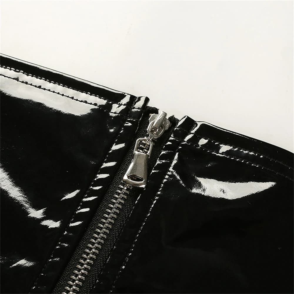 Débardeur court sexy en similicuir PU noir brillant avec fermeture éclair, style bandeau, bustier, b