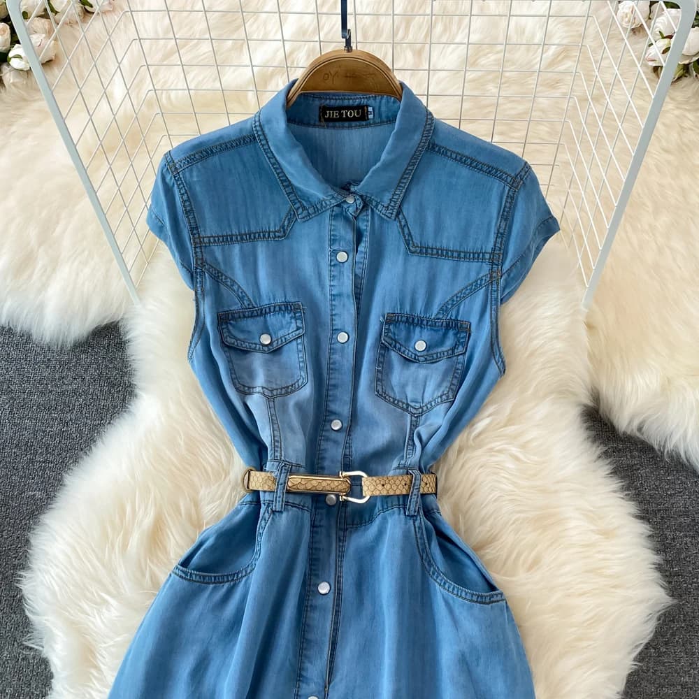 Robe Maxi en Jean pour Femme, Élégante, Col à Revers, Fibre Fine, Style Français, Rétro, Ligne A, Ch
