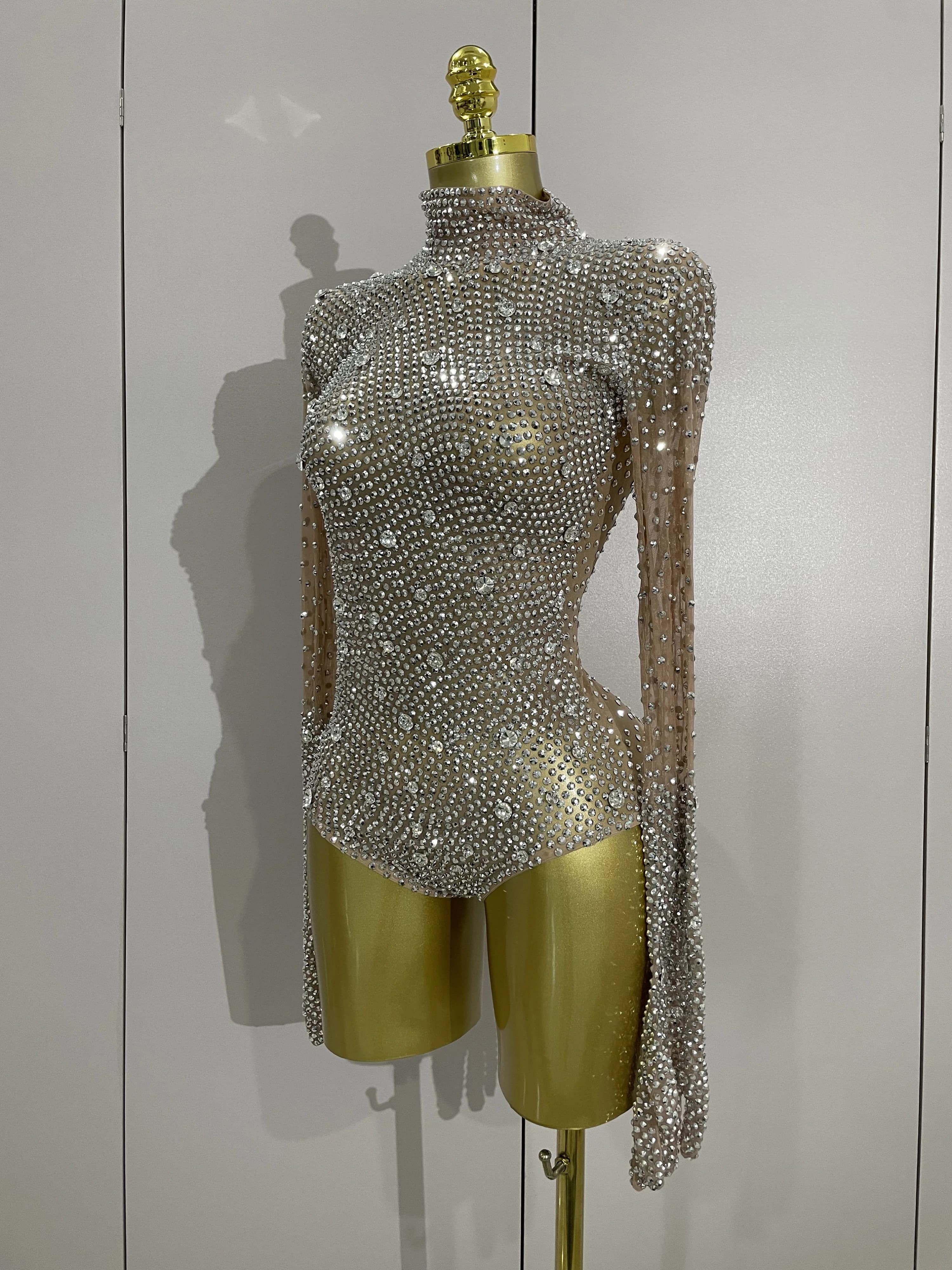 Gants à manches longues avec strass scintillants, body extensible pour femmes, soirée de luxe, fête 