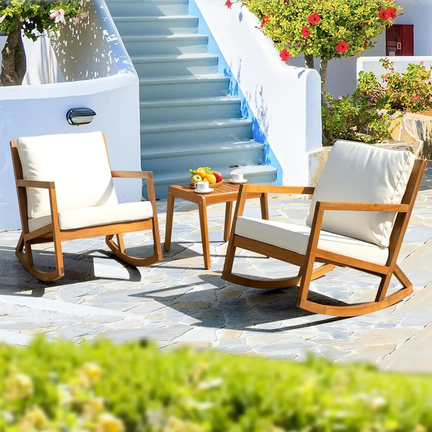 Chaises à bascule design robuste capacité 400lbs ensemble de bistro de patio en bois 3 pièces extéri