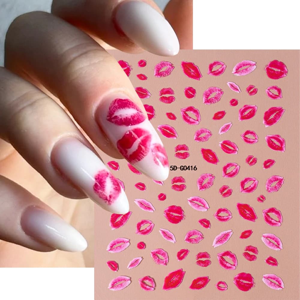 Autocollants 5D en Relief pour Ongles, Lèvres Rouges/Roses, Décalcomanies Romantiques de Luxe, Curse