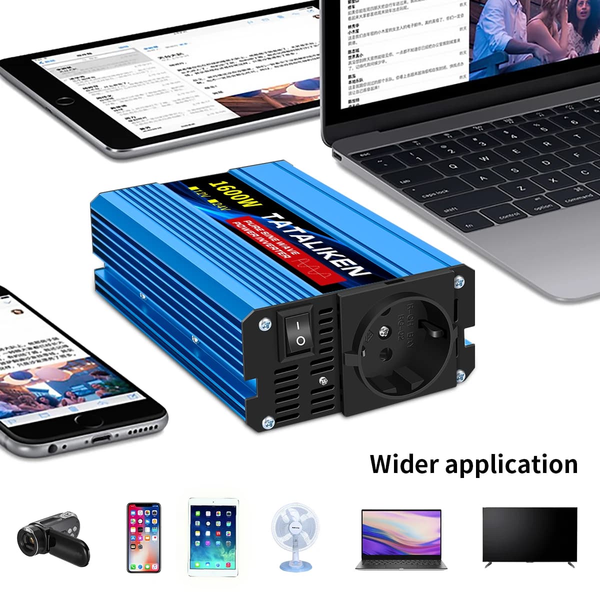 Convertisseur d'ondes sinusoïdales pures 1000W-4000W DC 12V et 24V vers AC 220V 50Hz, chargeur, adap